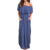 VERABENDI Women's Off Shoulder Summer Casual Long Ruffle Beach Maxi Dress with Pockets