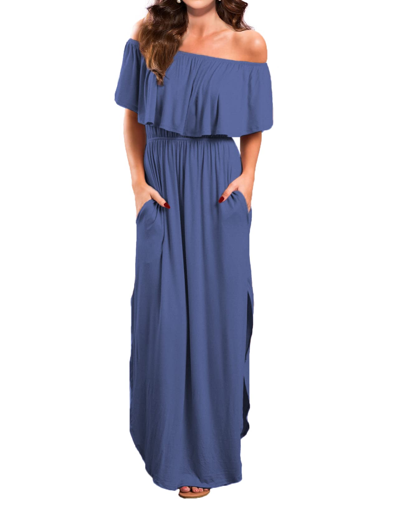 VERABENDI Women's Off Shoulder Summer Casual Long Ruffle Beach Maxi Dress with Pockets,Beja Blue,L Image