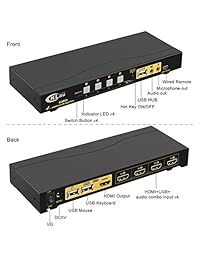 CKLau 4Kx2K Ultra HD 4 Port HDMI Cables KVM Switch Control 4 Computers DVR NVR with USB 2.0 Hub and Audio Support Keyboard Mouse Switching for Linux, Windows, Mac, Unix