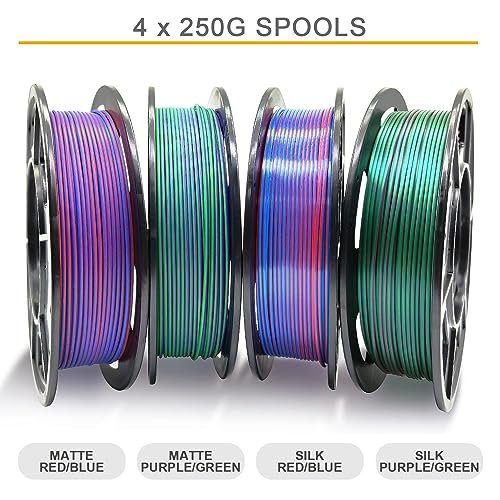 Reprapper 4X 250g Color Pack – Dual Color PLA Filament 1.75mm for 3D Printer & 3D Pen, Multicolour Filament, 4 x 250g Matte Red/Blue, Matte Purple/Green, Silk Red/Blue, and Silk Purple/Green
