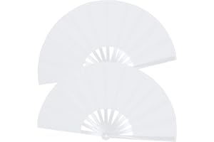 OMyTea Large Rave Clack Folding Hand Fans for Men/Women - Chinese Japanese Kung Fu Tai Chi Handheld Fans - for EDM, Music Festival, Club, Event, Party, Dance, Performance, Decoration (White, 2 Packs)