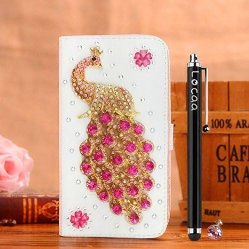 Locaa(TM) For HTC Desire 620 HTC620 Desire620 3D Bling Case + Touch stylus + Anti-dust ear plug Deluxe Luxury Crystal Pearl Diamond Rhinestone eye-catching Beautiful Leather Retro Support bumper Cover Card Holder Wallet Cases -[General series] Peacock
