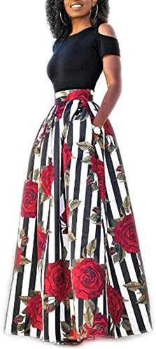 Women's Cold Shoulder Two Piece Floral Print Long Party Skirts Dress 2XL Rose
