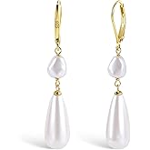 LANCHARMED 14K Gold Pearl Dangle Earrings for Women，925 Sterling Silver Double Pearl Drop Earrings，Leverback Irregular Pearl Hypoallergenic Earrings