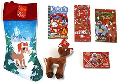Rudolph the Red Nose Reindeer Stocking Stuffer Bundle of 6 Items: Stocking, Story Book, Play Pack, Candy Cane, Red Nose Gummies, and 7 in. Plush