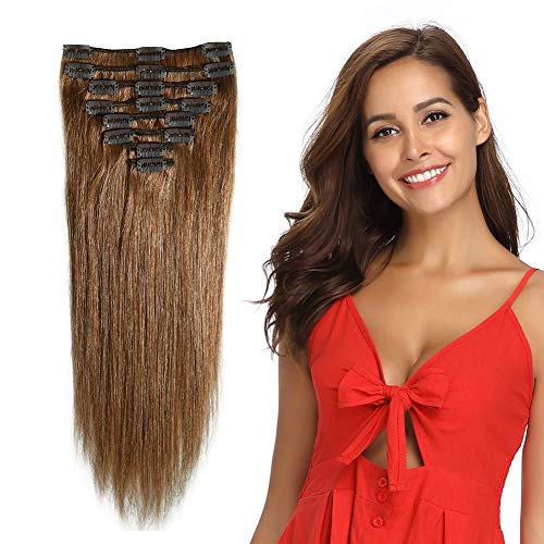 Clip in Remy Human Hair Extensions Light Brown 10"-24" Grade 7A Quality Full Head 8pcs 18clips Short Soft Silky Straight for Women Fashion 10" / 10 inch 70g, 6