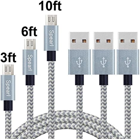 Spearl 3Pcs 3FT6FT10FT Micro USB Cable,High Speed Nylon Braided USB2.0 A Male to Micro B Sync and Charge Cable Cord for Android Devices, Samsung Galaxy,Sony,Motorola and More(Gray+Sliver)