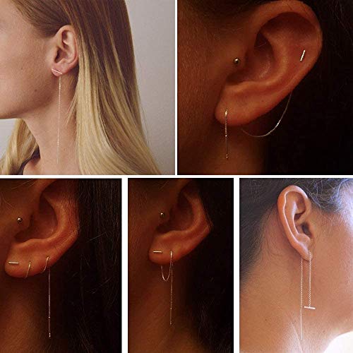 Minimalist Sterling Silver Tassel Chain Drop Dangle Small Hoop Earrings Rhinestone Crawler Earrings Long Ear Stud Climber Earrings for Women