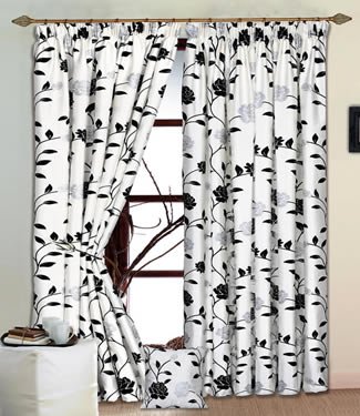 Delilah White Black Silver Raised Flock Lined Curtains 90 X 90