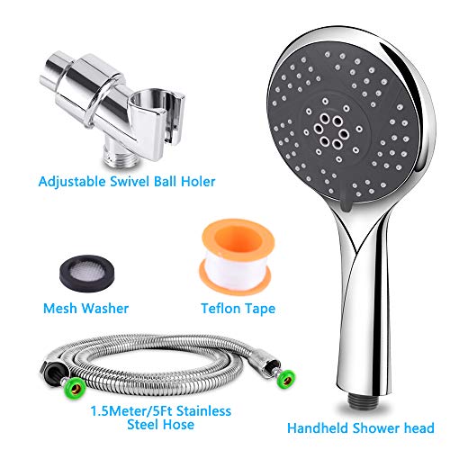 Wodgreat Handheld Shower Head with Hose, 5 Settings High Pressure Hand Shower Sprayer, Adjustable Swivel Ball Holder, 60" Stainless Steel Hose, Easy to Install, No Leaking, Chrome
