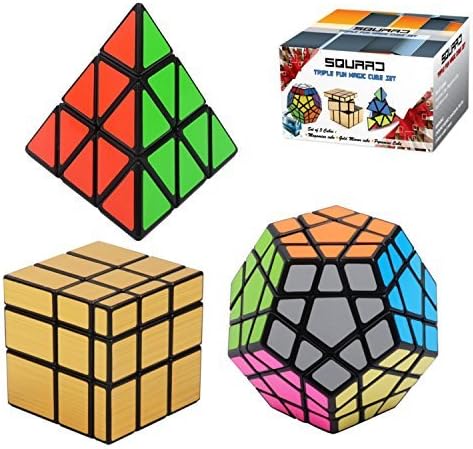 Squaad Magic Cube Set of 3 Popular Cubes- Pyraminx Pyramid 3-d Puzzle cube, Megaminx Cube and Gold Mirror Cube, Black