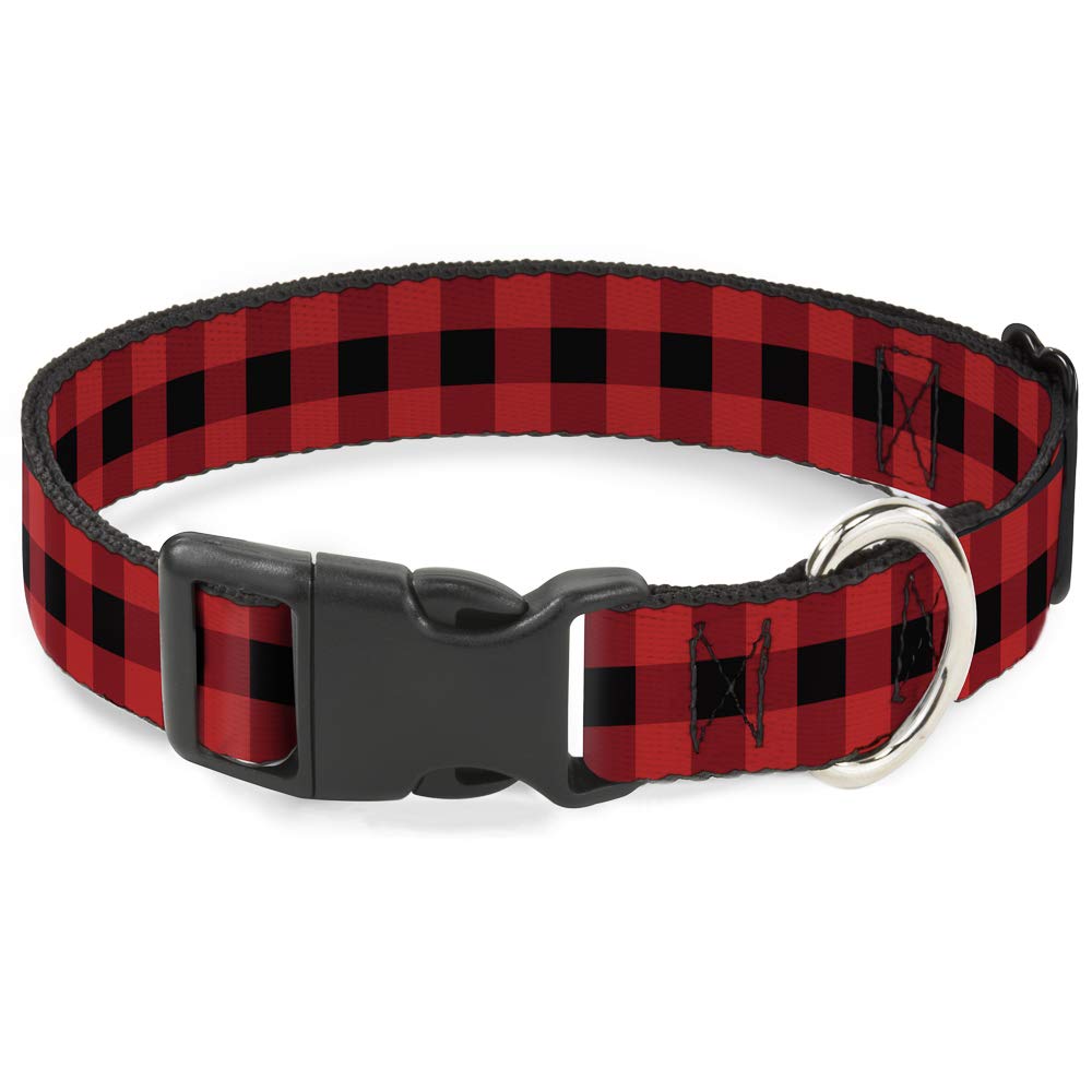 Buckle Down Plastic Clip Collar - Buffalo Plaid Black/Red - 1.5" Wide - Fits 18-32" Neck - Large