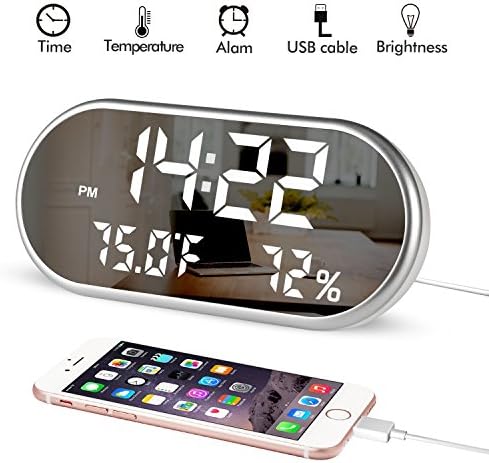 Digital Alarm Clock, Portable Mirror HD LED Display with Time/Humidity/Temperature/Display Function, 3 Brightness Adjustment, Dual USB Port Charging, Suitable for Bedroom, Office, Travel