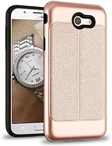 Samsung Galaxy J7 Prime/J7 V/J7 Perx/J7 Sky Pro/J7 2017 Case, Bicast Leather Hybrid, Slim Fit Polycarbonate and Silicone TPU Hard Cover with Film Screen Protector and Stylus - Rose Gold