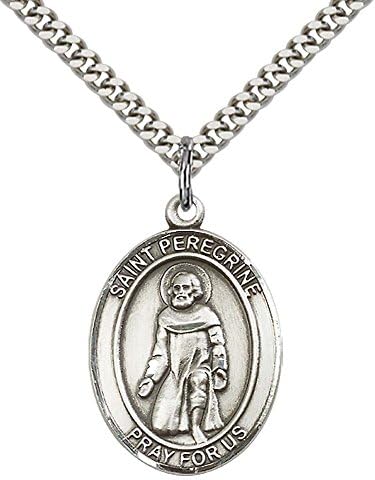 F A DumontSterling Silver St. Peregrine Laziosi Pendant with 24" Stainless Steel Heavy Curb Chain. Patron Saint of Cancer/Running Sores