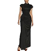SKAYS Women's 2025 Tie Back Maxi Long Dress High Neck Short Sleeve Ruched Bodycon Cocktail Wedding Guest Elegant Dress