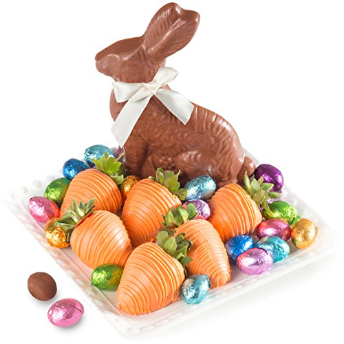 Milk Chocolate Easter Bunny with Carrot Design White Chocolate Covered Strawberries and Foil Wrapped Chocolate Easter Eggs