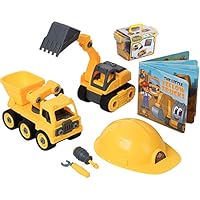 Build Me Take Apart Tractor Toys with Dump Truck, Excavator Toy, Tractor Book, Hard Hat, Screwdriver and Wrench - Take Apart Trucks Digger and Dump Truck Toy - Set of 2 Construction Vehicles