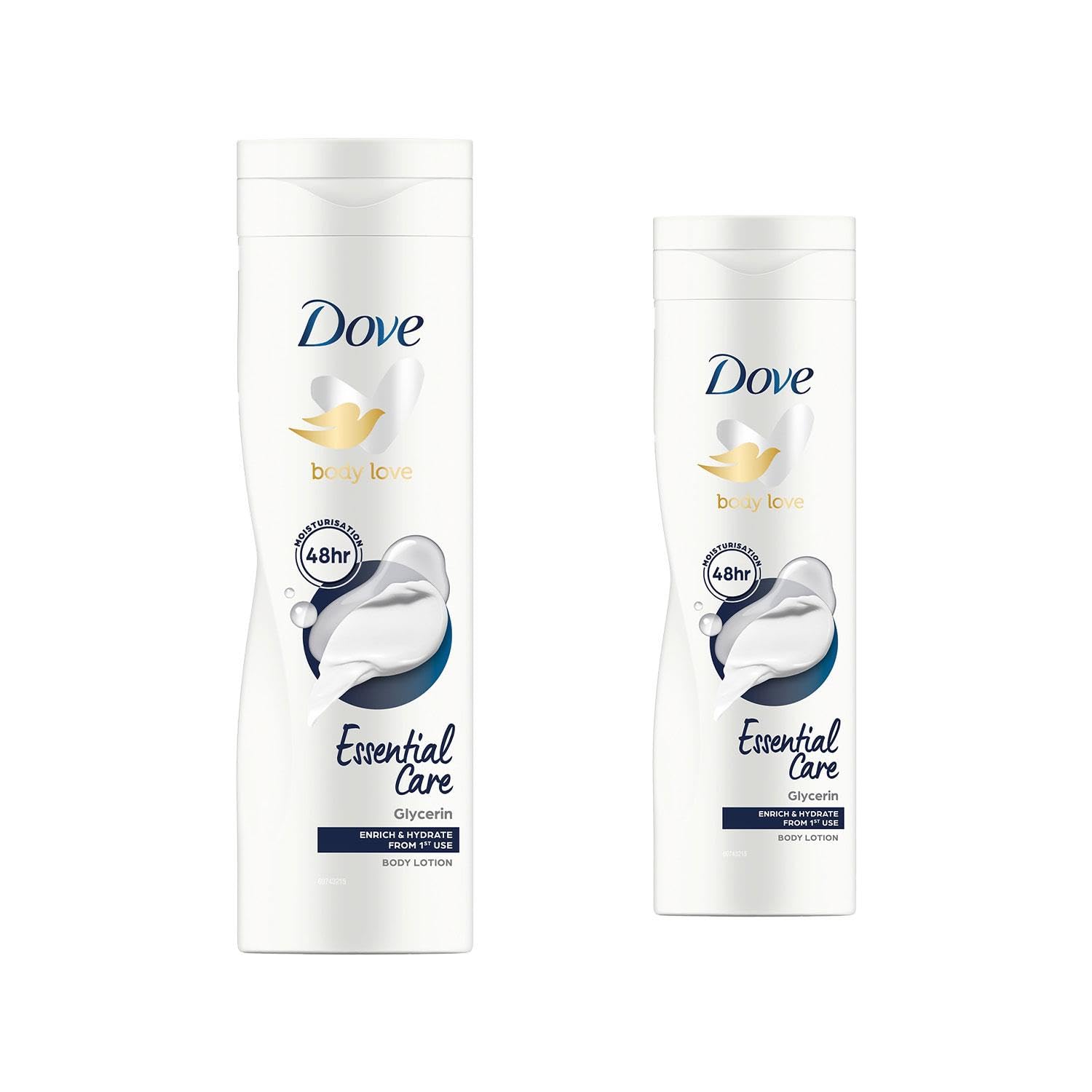Dove Body Lotion Essential Care 2 Pack, Nourishing Body Moisturiser with Glycerin, Deep Care Complex for Soft Smooth Healthy Looking Skin, Hydrating Lotion for Daily Use, 250ml Each