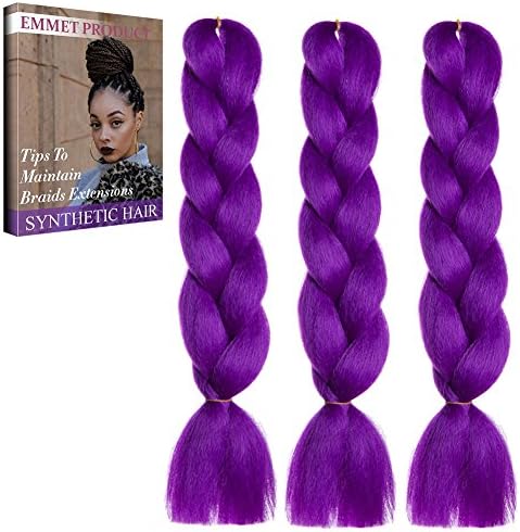 Emmet Jumbo Braiding Hair 100g/pc 24" Long Kanekalon African Synthetic Braids Hair Extension, with Hair Care Ebook (24", 3 Pack, Pure Color 65)