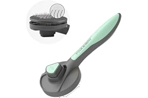 PAKEWAY Cat and Dog Grooming Brush with Release Button - Self-Cleaning Pet Brush for Short, Medium & Long Fur (Green)