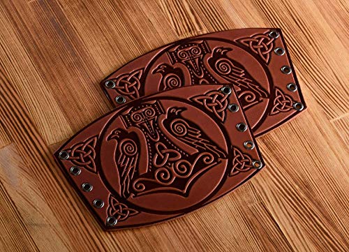 Leather Cuff Bracer - LARP Gauntlet - Leather Wristbands - LARP Accessories Viking Bracers - Viking Thor`s Hammer Ravens - Length 5" - Thumbnail 5