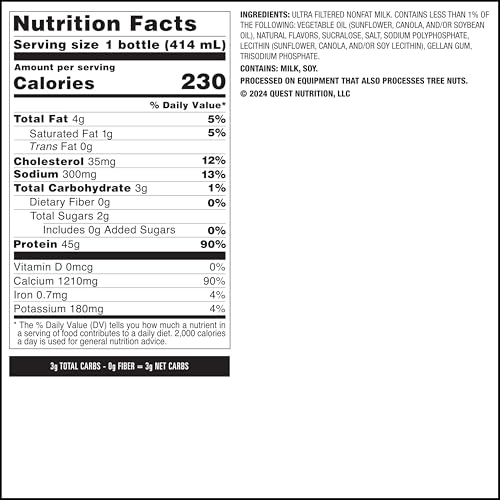 QUEST NUTRITION VANILLA PROTEIN SHAKE, 45G PROTEIN, 2G SUGAR, 3G NET CARBS, READY TO DRINK, GLUTEN FREE, 4 COUNT