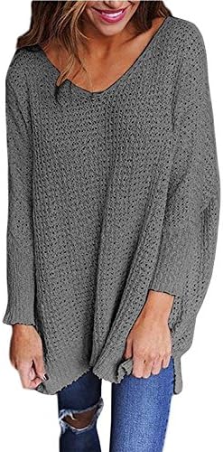 RooZooe Women's Oversized Knitted Sweater V Neck Blouse Loose Jumper Pullovers Grey XL