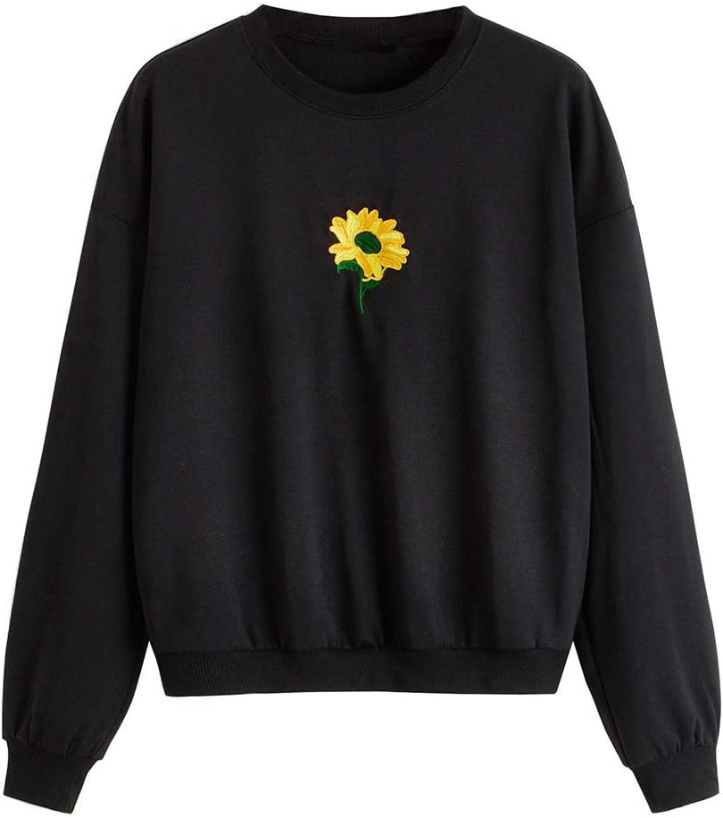 Rikay Autumn Winter Tops Blouse Womens Long Sleeve Sunflower Embroidery Casual Sweatshirt Tops Sweat Top S-2XL Black