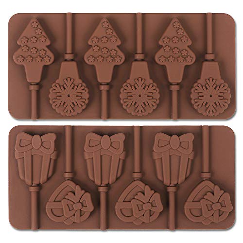 Cozihom 6 Cavity Silicone Lollipop Mold, Chocolate Mold, Typical Round, Stars & Hearts, Bowknots, Christmas, Smile Faces Shape, 5 PCS, and 130 PCS Lollipop Sticks.