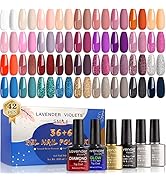 Lavender Violets 42 Pieces Gel Nail Polish Set with Glossy & Matte & Diamond & Glow in the Dark T...