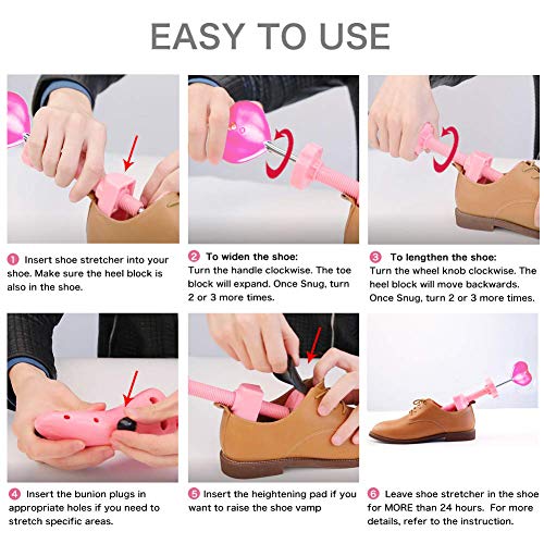 Shoe Stretcher Women, Pair of 4-way Adjustable Shoe Widener Expander to Stretch Length Width Height for Wide Feet, Tough Plastic Shoe Tree Shaper with Bonus 12 Bunion Plugs and 1 Hook, Medium - Thumbnail 3