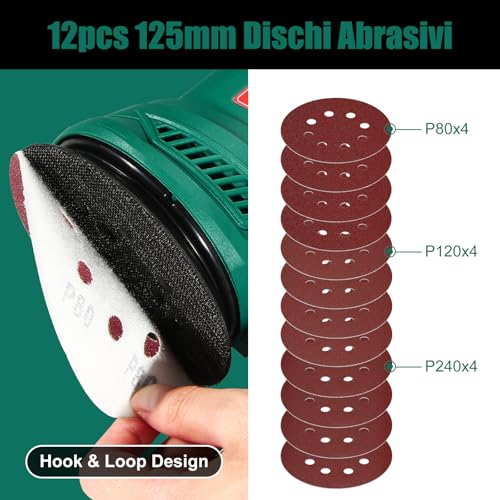 HYCHIKA Orbital Sander 300W, 6 Adjustable Speeds, 13000 RPM, 12pcs Sanding Discs 125 mm (80, 120, 240 Grains), Electric Sander, with Dust Collection Box