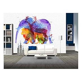 Color Animals,Elephant, Deer, Lion, Rabbit, Drawing Overprint on Watercolor Paper Background Lettering I Love Animals - Removable Wall Mural | Self-Adhesive Large Wallpaper - 100x144 inches