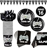 Video Game Party Supplies - Gamer Birthday Decorations Set Decor Gaming Controller Theme Pack - Includes: Big and Small Plates, Tablecloth, Banner, Cups, Napkins, Forks, Knives, Spoons (Serves 16)