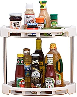 Corner Standing Rack, Kitchen Bathroom Countertop Cabinet Storage Organizer Spice Jars Bottle Shelf Holder Rack, White Corner Shelf with Stainless Steel Support. (2 Tier)