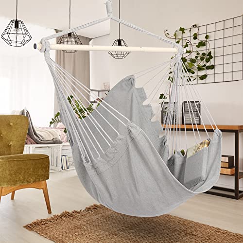 Y- STOP Hammock Chair Hanging Rope Swing, Max 500 Lbs, Hanging Chair with Pocket, Removable Steel Spreader Bar with Anti-Slip Rings, Quality Cotton Weave for Comfort, Durability, Light Grey
