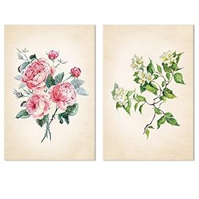 2 Panel Watercolor Style Vintage Rose Petal and...