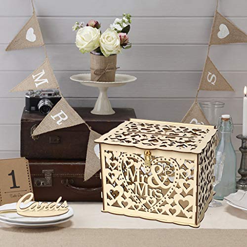 Efaster DIY Wooden Card Box with Lock,Rustic Wedding Card Box,Wedding Card Holder,Wooden Gift Boxes for Wedding Birthday Party (A)