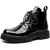 Men's Lace-Up Platform Lugs Sole Ankle Boots,Fashion Patent Leather Side Zip High Top Boots Comfort Outdoor Anti-Slip Four Seasons Booties
