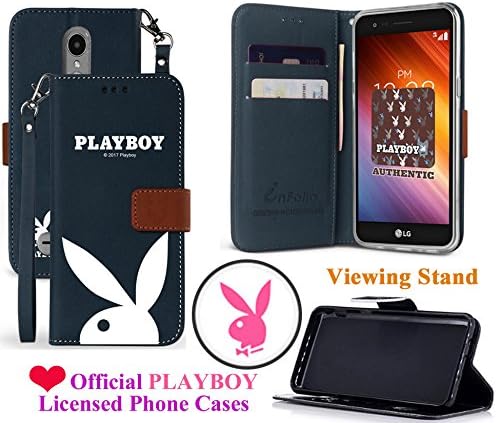 for 5" LG Risio 2 LV3 LG Aristo Case Official PLAYBOY Phone Case Designed Wallet Hybrid Kickstand Pouch Pocket Purse Screen Flip Cover (Rabbit Navy)