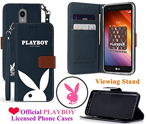 for 5" LG Risio 2 LV3 LG Aristo Case Official PLAYBOY Phone Case Designed Wallet Hybrid Kickstand Pouch Pocket Purse Screen Flip Cover (Rabbit Navy)