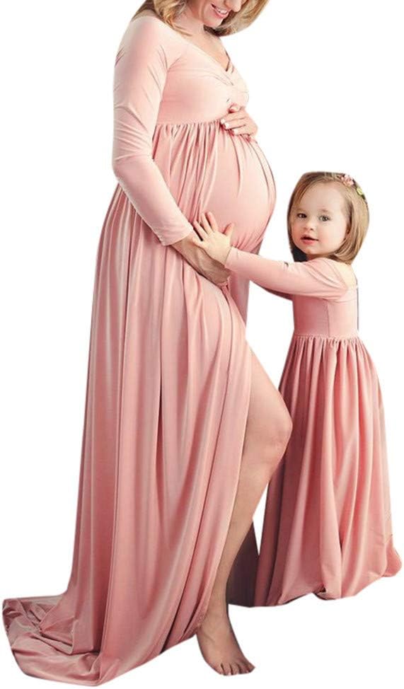 Ohbiger Maternity Dress for Photography Long Sleeves Chiffon Lace Gown Split Front Maxi Pregnancy Dresses for Photoshoot