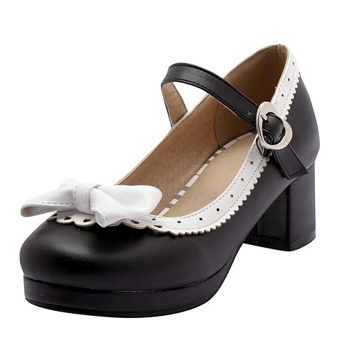 Damen Blockabsatz Riemchen Pumps mit Schleife Rockabilly Lolita Cosplay Schuhe