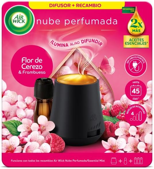 Essential Mist, Purificador de ar difusor de óleos essenciais que brilha quando liberta vapor, com um aroma de Flor de Cerejeira e Framboesa infundido com 2 vezes mais óleos essenciais