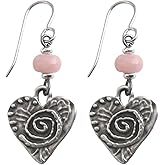 Antique Silver Spiral Heart Pink Opal Dangle Earrings Sterling Silver Earwires Genuine Pink Opal Stone Beads Quiet Understated Ethnic Boho Jewelry for Women