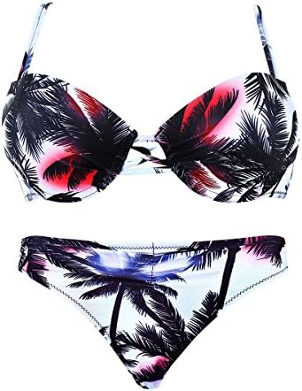 SeeWorld High Waisted Swimsuit for Women Bikini Set with Printings Padded Push-up Bathing Suit Beachwear (Small, Black Coconut Tree) …