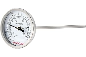 GOATACURA Dial Thermometer for Brewing, 304 Stainless Steel Case and Probe, 3" Dial Size, 12" Stem Length, 32-212 Deg F/0-100