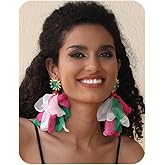 Bohemian Flower Drop Dangle Earrings Vintage Handmade Chiffon Floral Long Tassel Earrings Exaggerated Big Flower Stud Earrings Wedding Bridal Party Ear Jewelry for Women