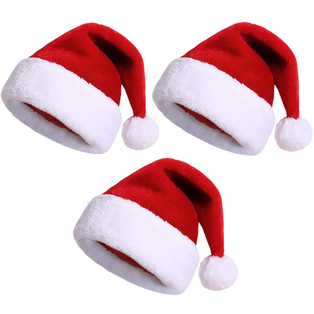 Qchomee 3Pack Adult Christmas Santa Hat Soft Plush Xmas Beanie Cap Hat Soft Velvet Christmas Party Hat for Women Men Teens New Year Eve Fancy Dress Xmas Party Costume Supplies